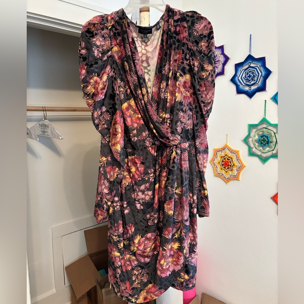 Ted Baker Black Floral Mini Dress with Pink and Gold Print